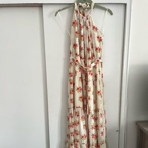 Gorgeous belted halter dress with tropical floral pattern